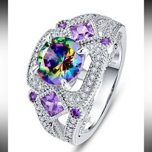 Rainbow & Purple Mystic Topaz Round & Princess Cut 7-Stones Silver Ring Size 7